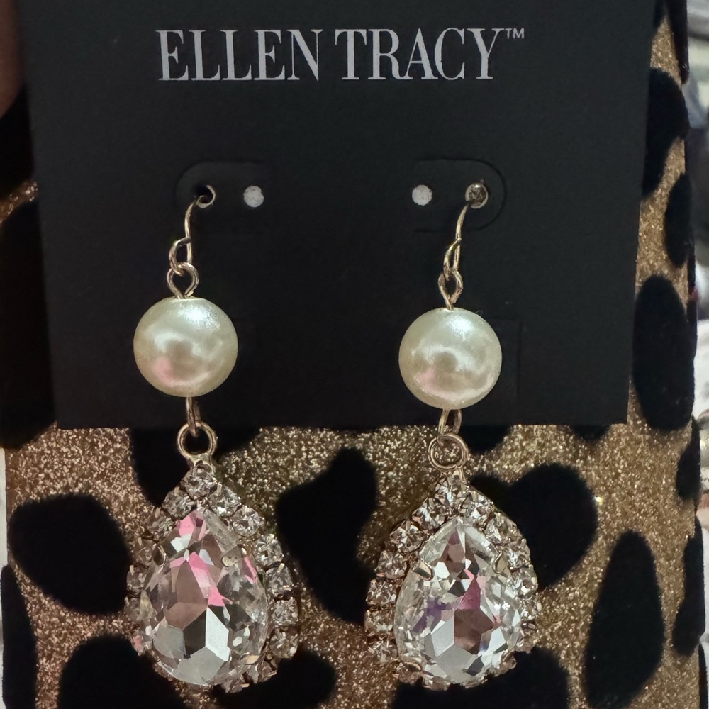 Ellen Tracy Gold and Silver Pearl Tear Drop Earrings NWT